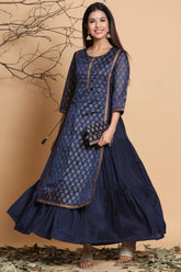 Navy Chanderi Silk Printed Layered Kurta Dress With Purse & Hair-Band